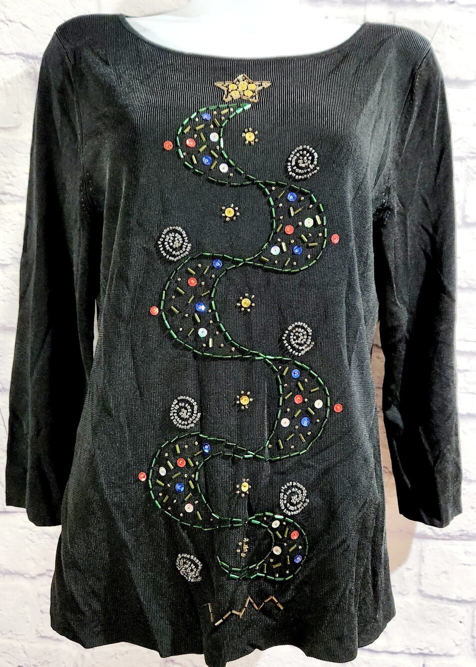 Sweaterworks Black Beaded Front Ribbed Top Medium Lightweight Flowy Soft